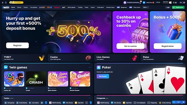 showing the interface of 1win, featuring a lot of betting games.