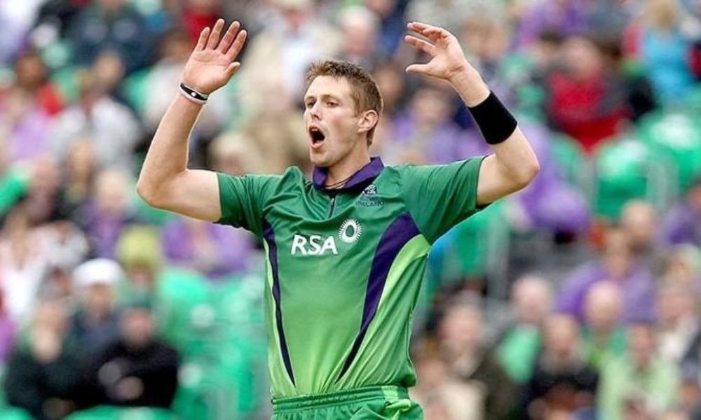 Boyd Rankin, one of the tallest cricketers from Ireland, is celebrating after taking a wicket in an ODI match.