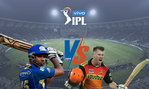 Rohit Sharma of Mumbai Indians and David Warner of Sunrisers Hyderabad face off in the 2016 Vivo IPL with a stadium background showing the MI vs SRH rivalry